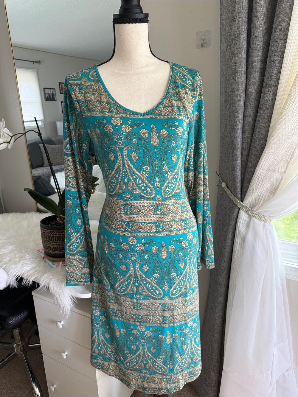 Teal Paisley Long-Sleeve Knit Dress